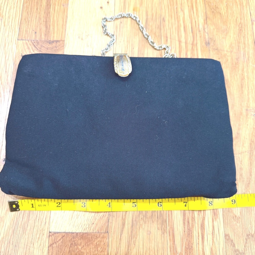 Vintage Bonhomme Black Fabric Clutch Evening Bag Gold Clasp Chain Strap 9x6